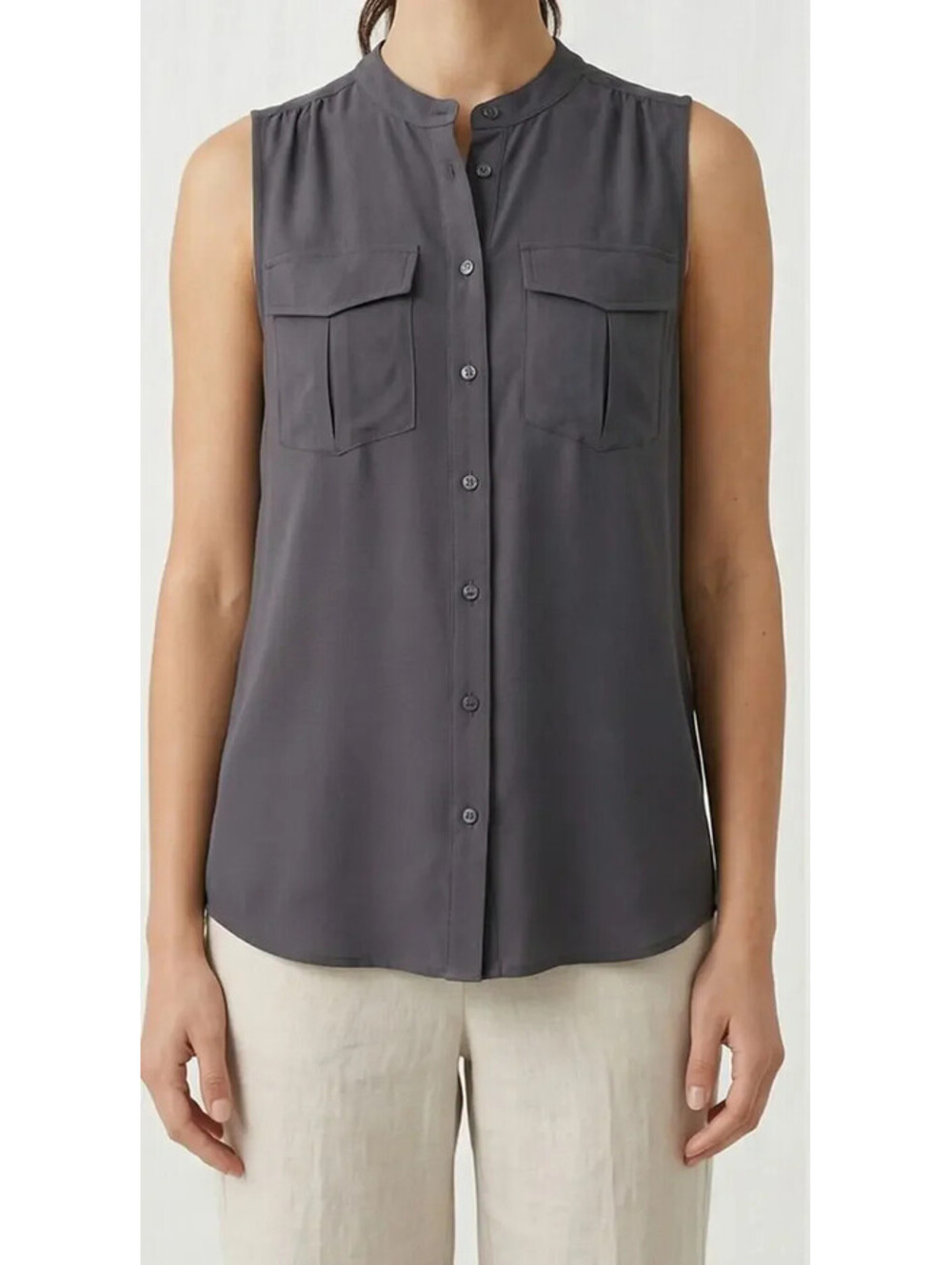 J Crew Size 4 NWT Button Front Blouse Tunic Tank Sleeveless Gray Pockets Preppy